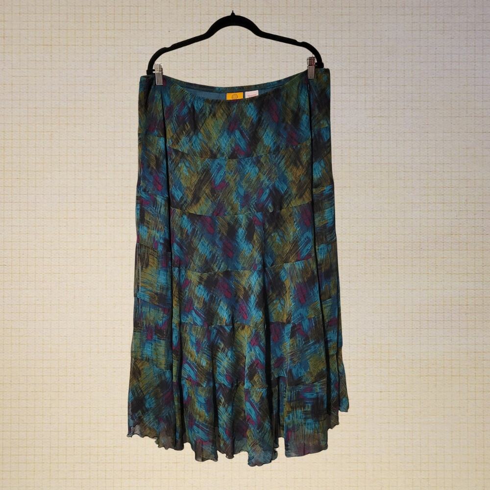 Y2K Boho Tie Dye Chiffon Tiered Midi Skirt Ruby Rd 22W Elastic Waistband Size 22